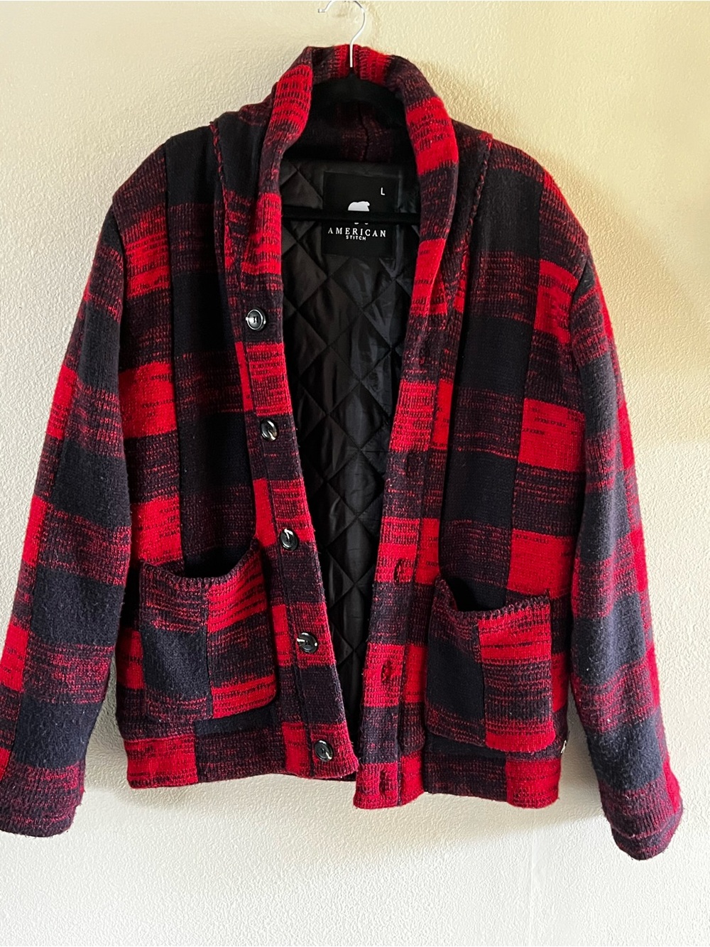 American Stitch Red and Black Plaid Quilted-Lined Shirt Jacket